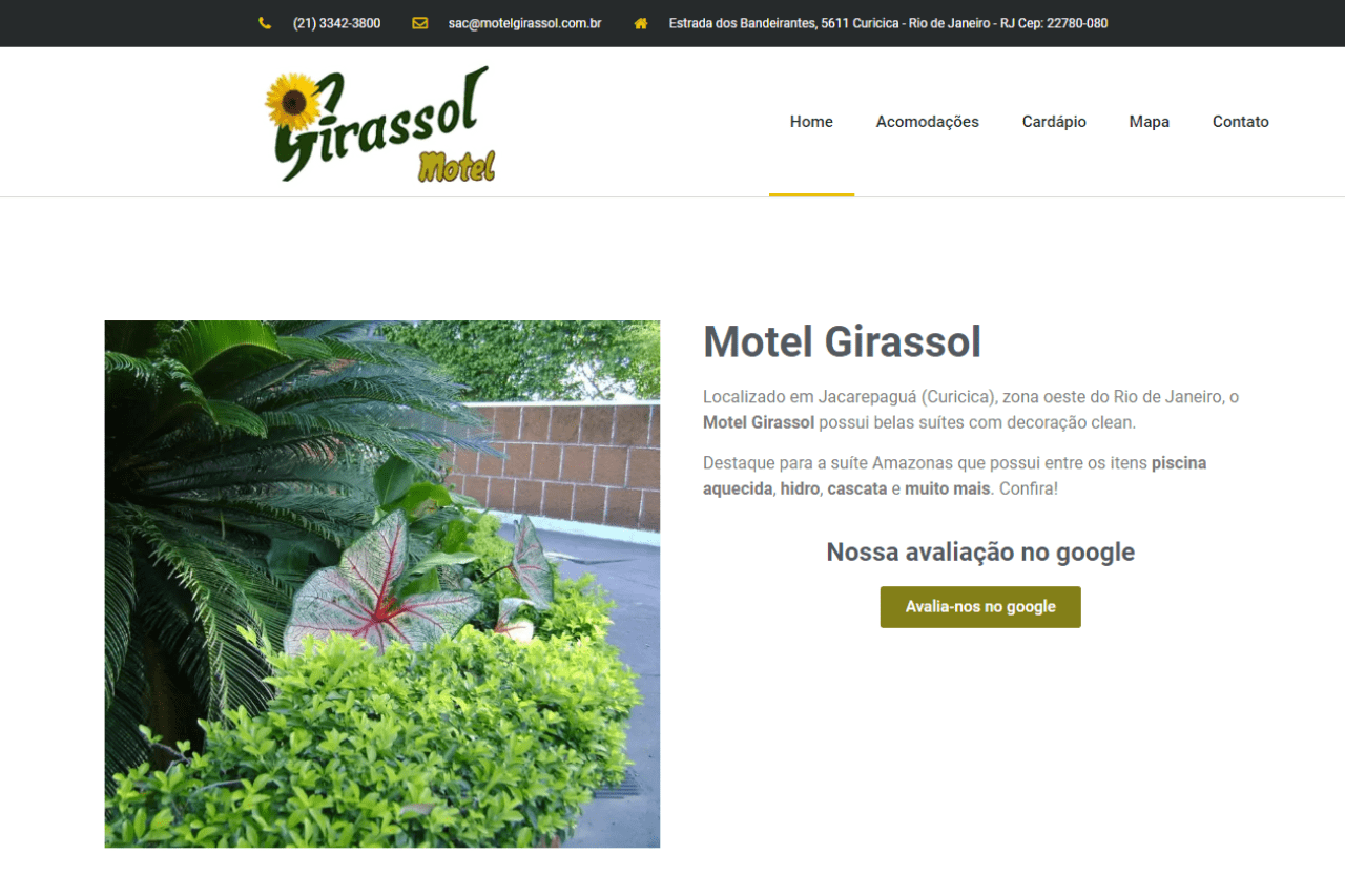 Projeto de site do Motel Girassol - Privacidade e conforto