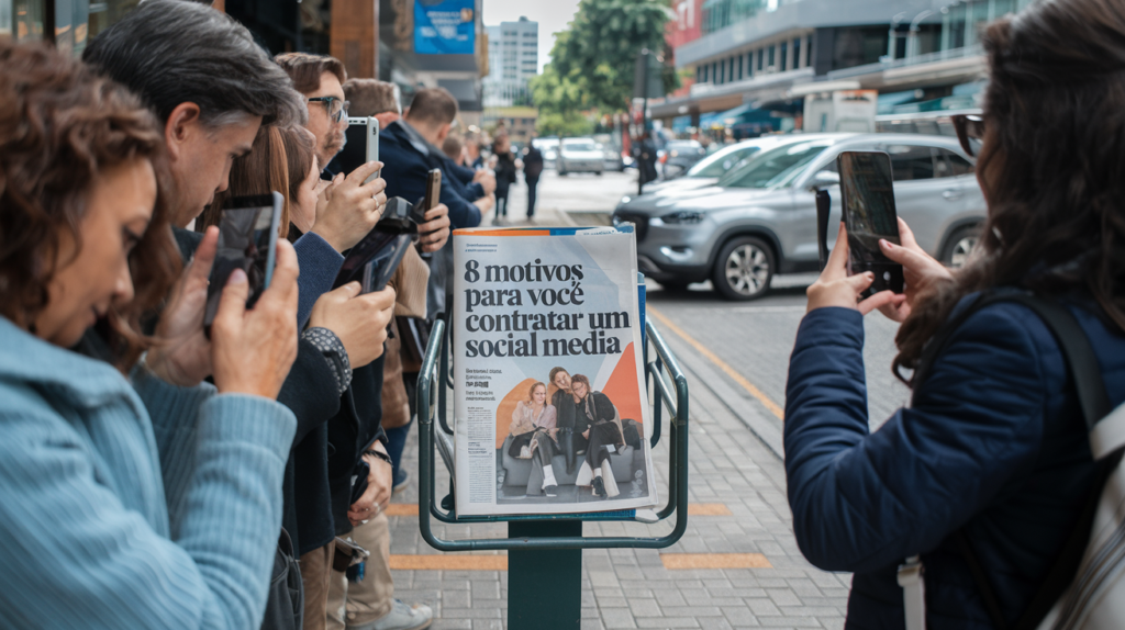 Pessoas fotografando um jornal escrito 8 motivos para você investir em anuncios online